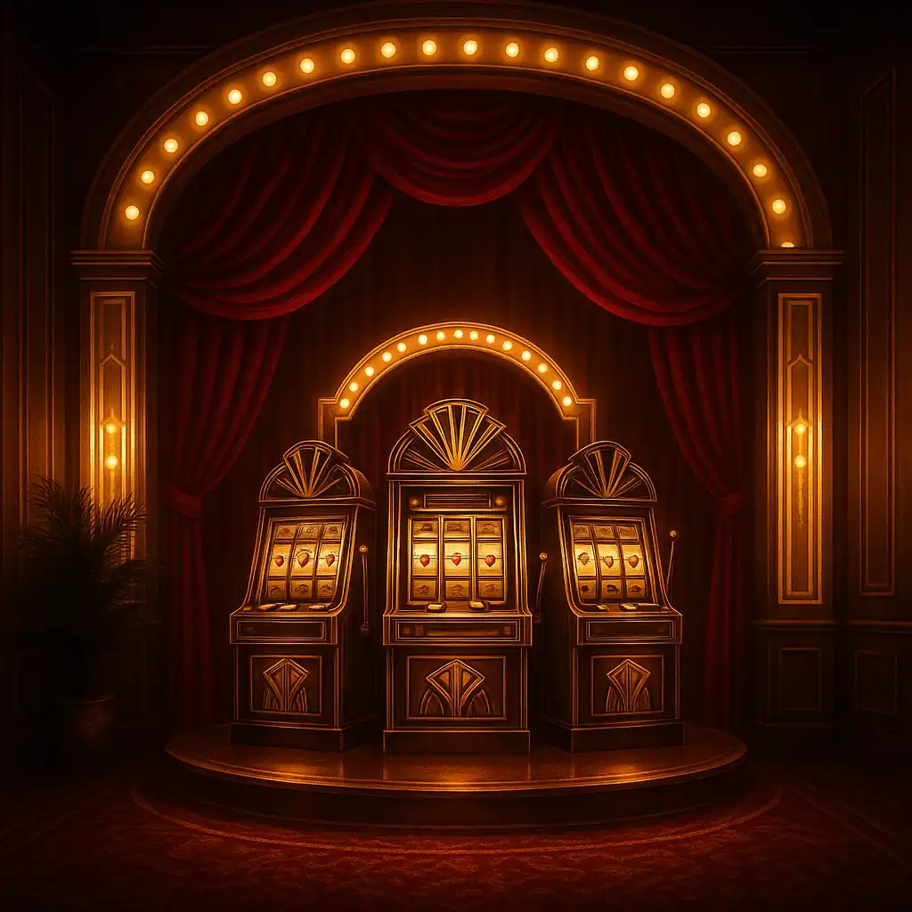 Illustration of a glamorous Soho cabaret stage with slot machines and marquee lights