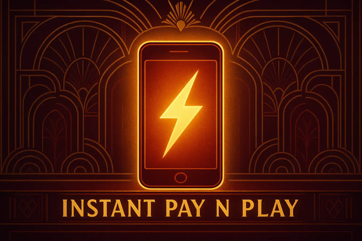 Glowing smartphone showing an instant Pay n Play banking icon against a cabaret backdrop
