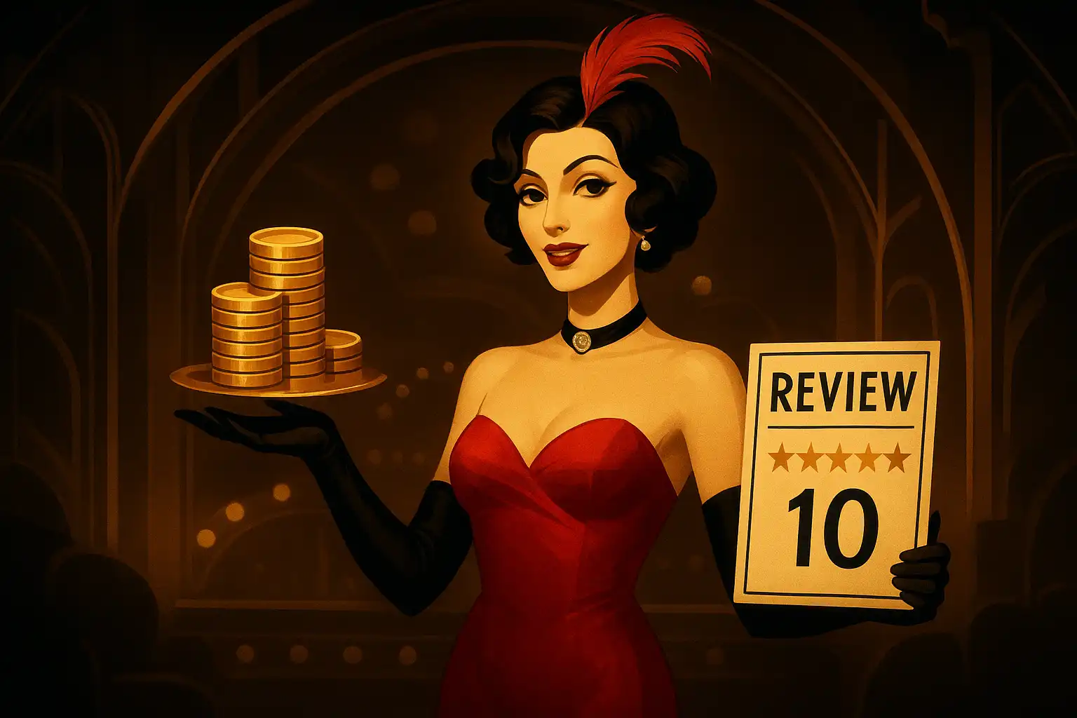 Illustration of a cabaret hostess presenting golden coins and a casino review scorecard