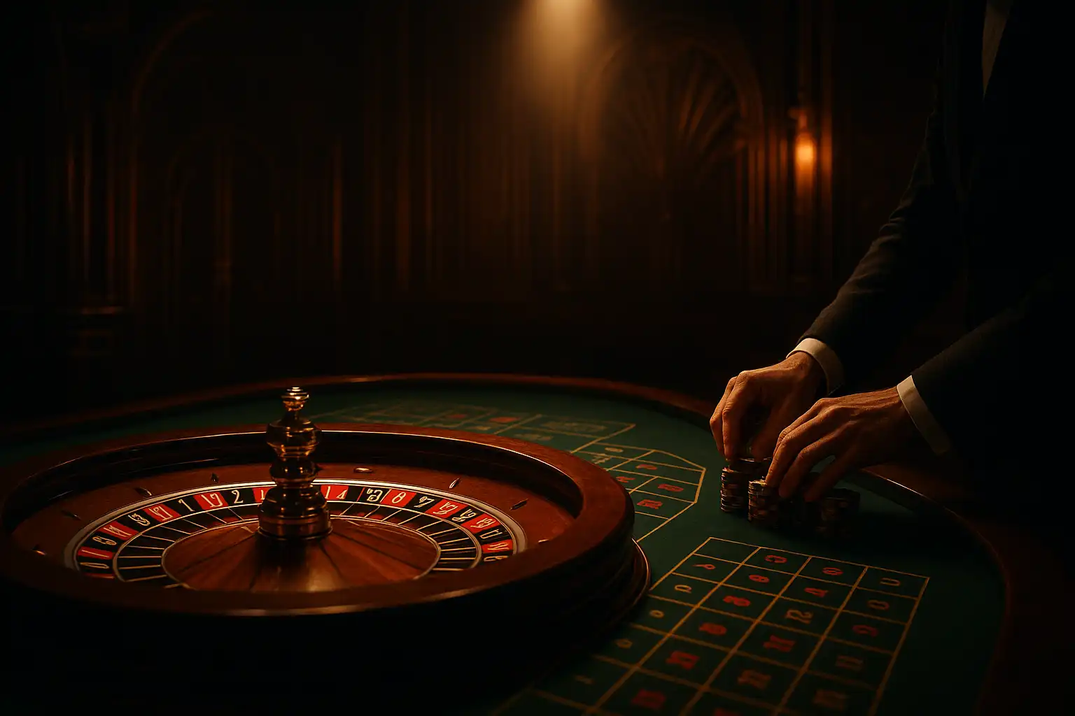 Elegant live roulette table under a warm cabaret spotlight with a spinning wheel