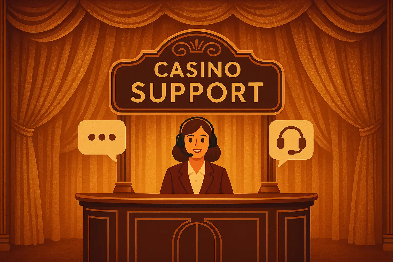 Friendly casino support desk with a headset and chat bubble icons under a gold curtain